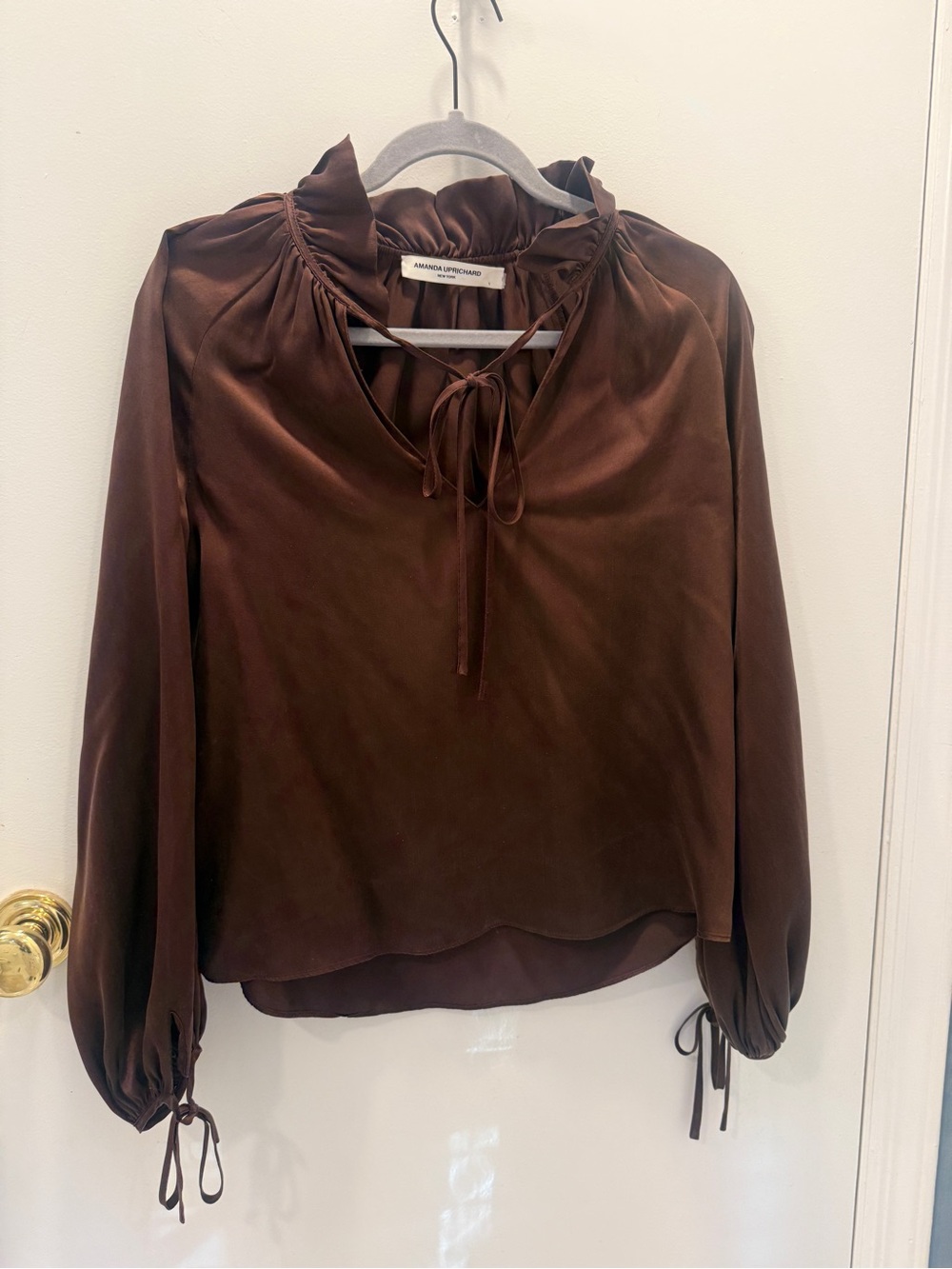 Amanda Uprichard Chocolate Satin Tie-Neck Blouse